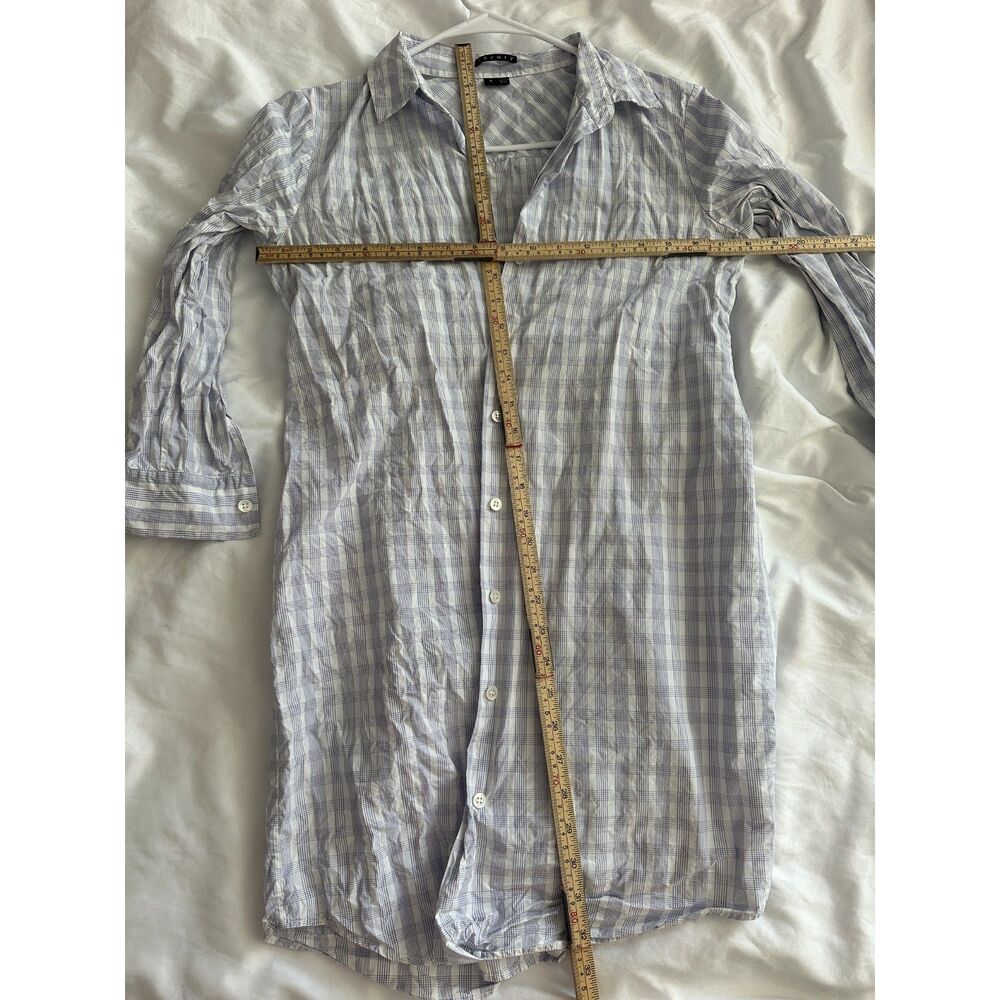 Theory Plaid Shirt Dress Size 4 Women’s Blue White Button Front 3/4 Sleeve - Picture 7 of 7